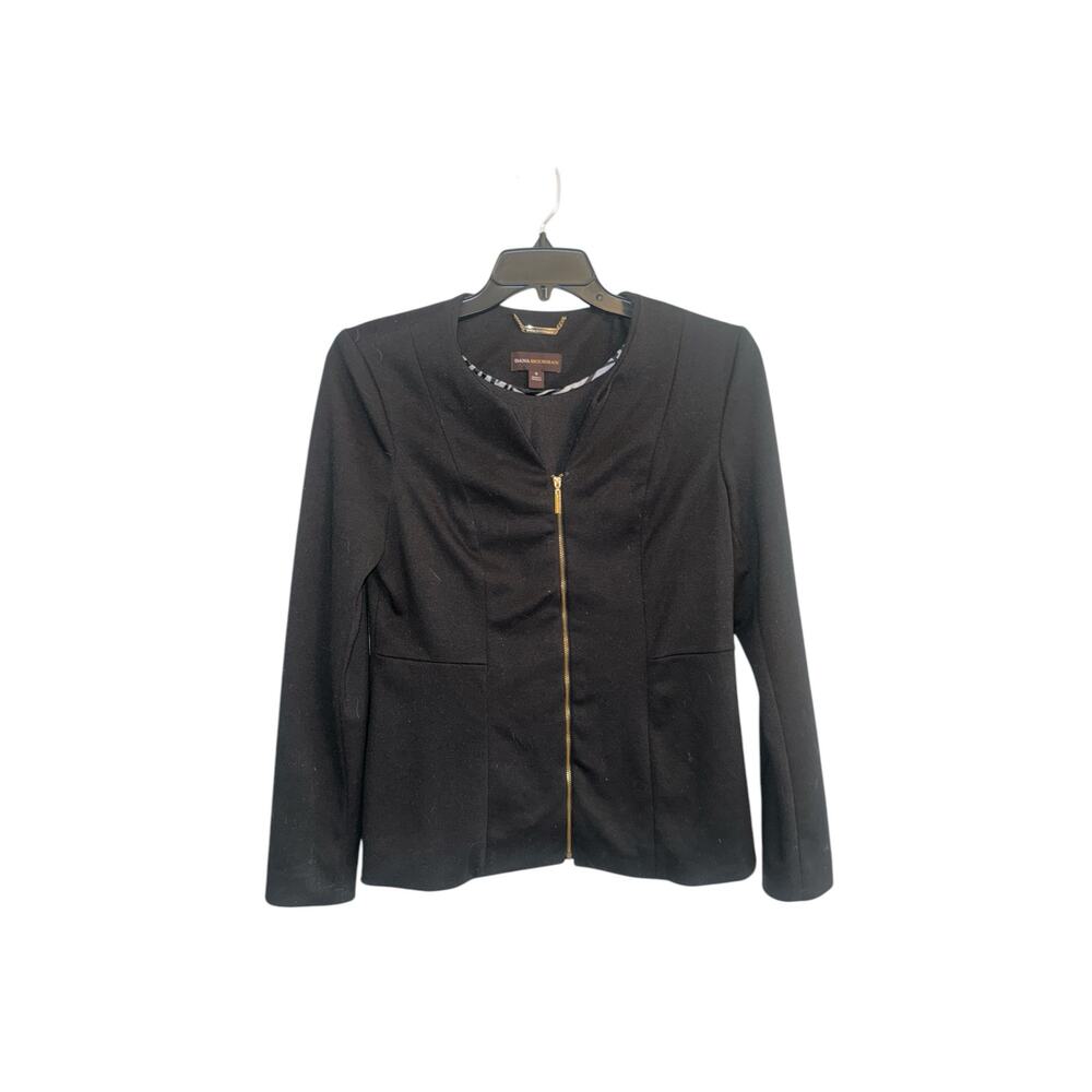 Dana Buchman Women Black Chambray Gold Zipper Front Blouse Blazer Jacket Size 8
